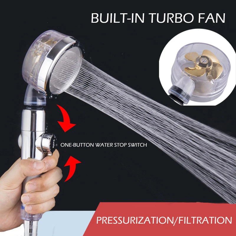 

High Quality Handheld Shower Head With Fan Gold/Blue Turbo Water Flow Fliter Element Rain Shower Filtration Home Supplies Items
