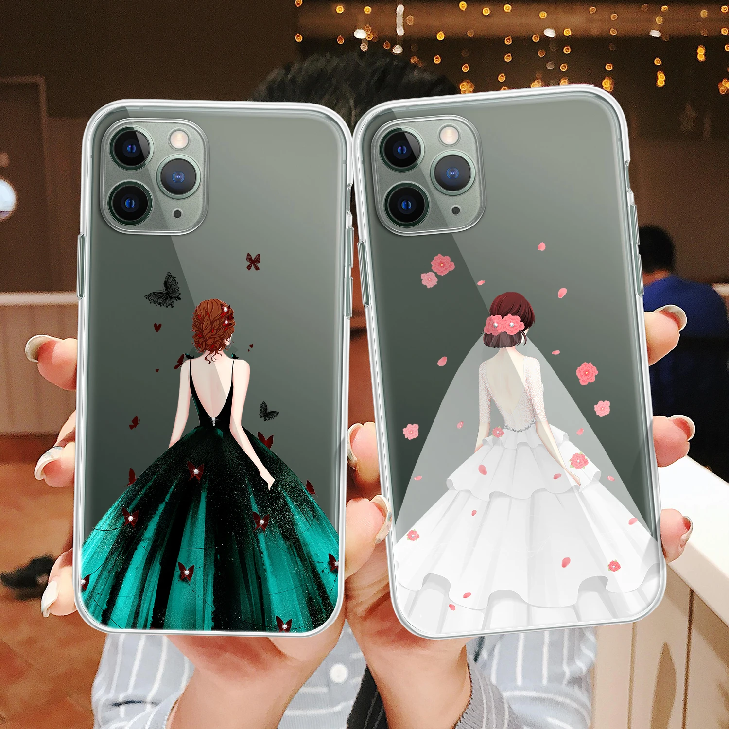 

For iPhone 13 Pro Case 11 Max 12 Mini X Xs XR SE 2020 SE2 8 7 Girl Lady In Robe Dress Cartoon Fashion Clear Cover