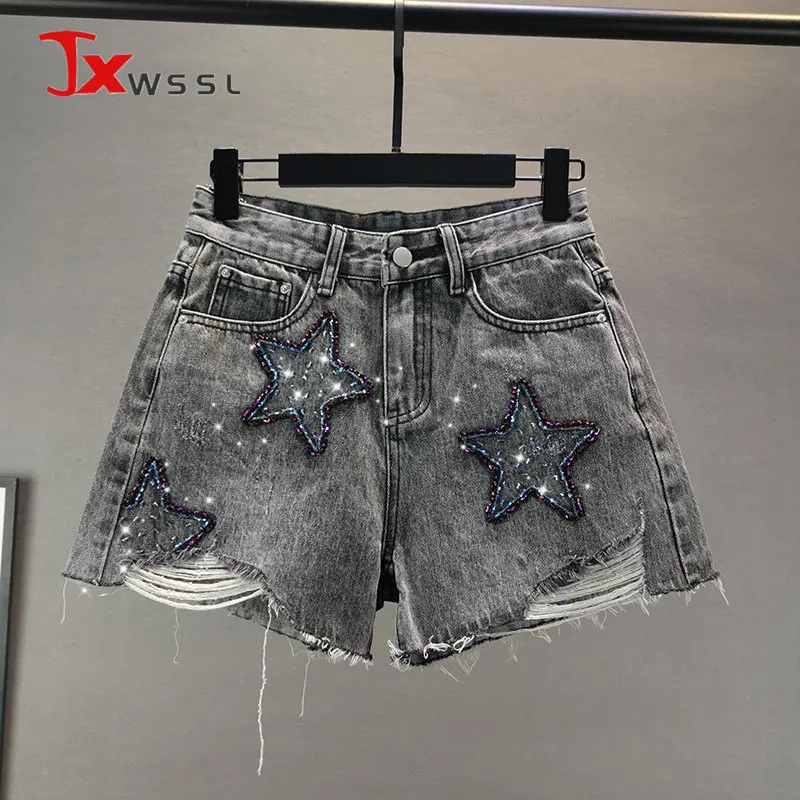 

Дымчато-серые женские джинсовые шорты, изысканные джинсовые шорты с пятиконечными звездами и бисером, Простые Модные свободные шорты с шир...