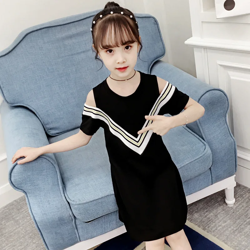 Детские Полосатые платья для девочек повседневная черная белая детская одежда