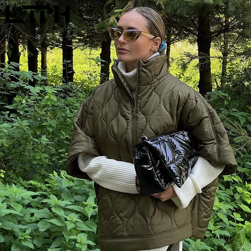 LTPH streetwear women parkas vintage army green coat short sleeved argyle quilted jacket light fashion outerwear 2021 autumn new