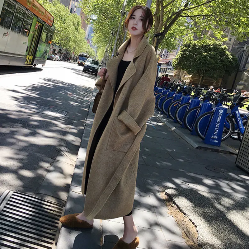 

2021 Autumn Winter Wool Jacket Women Long Coat Female Fashion Belted Thick Warm Overcoat Casual Solid Woolen Blends Outwear L950
