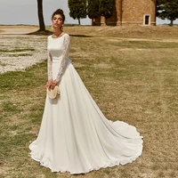 bohemian lace o neck chiffon wedding dress bow long sleeves sexy open back beach a line court train country robe de mariee 2021