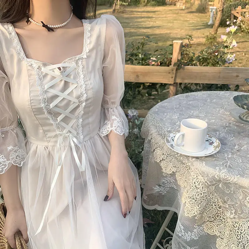 

Lace Sweet And Elegant Dress Female Slim Long Korean Evening Dress Female Party Collar Kawaii Short-sleeved Summer Dress 2021