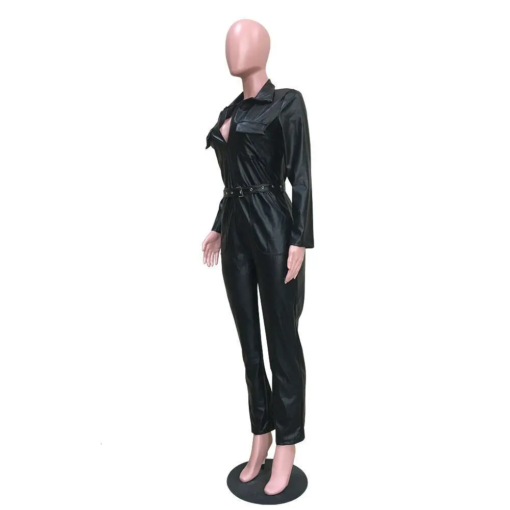 

Women Faux Leather Jumpsuit Long Sleeve Pu Deep V Jumpsuit Bodycon Zipper Party Jumpsuit With Belt
