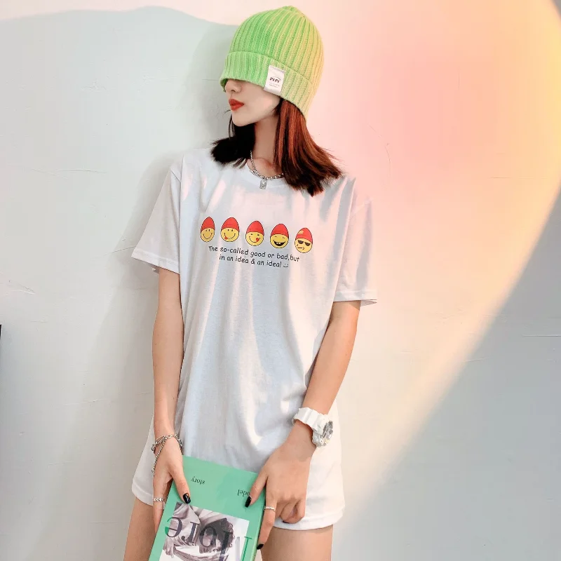 

Summer short-sleeved cotton smiley face Little Red Riding Hood print free size oversized ladies white cotton T Loose Casual tops