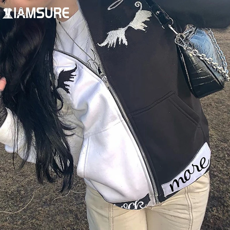

IAMSURE Loose Patchwork Printed Hoodies Streetwear Casual Preppy Style Long Sleeve Sweatshirt Women 2021 Fashion Autumn Winter