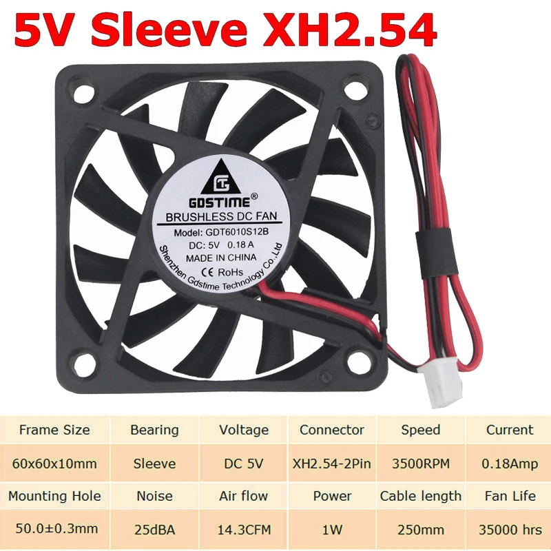 5 шт. в партии Gdstime 5 В, 12 В, 24 В постоянного тока, 2Pin 3Pin USB 60 мм 60x60x10 мм 6010 DC мини охлаждающий вентилятор Cooler Втулка с отверстиями для шариков подшипника - Цвет лезвия: 5V Sleeve XH2.54