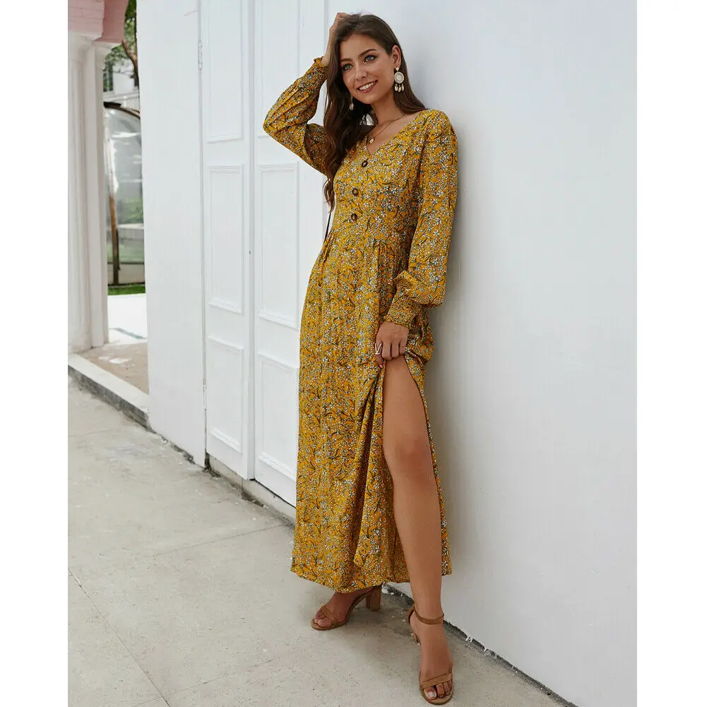 Женское Праздничное Платье макси с длинным рукавом Осенний длинный сарафан в