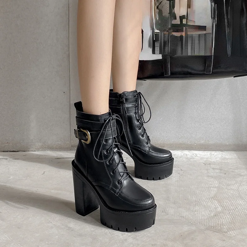 

Брендовые новые женские мотоциклетные ботинки на толстом высоком каблуке, модные ботинки на платформе с пряжкой и шнуровкой, Женская Вечер...