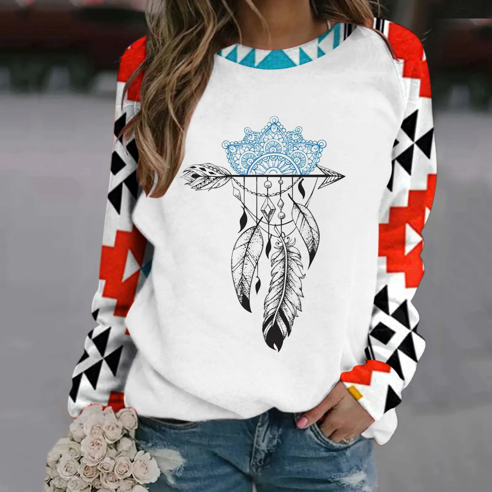 

Feather Printed Indie Thermal Long Sleeve Ethnic Pullovers Top Round Neck Loose Sweatshirt Pullover Crewneck Women Sweatshirt