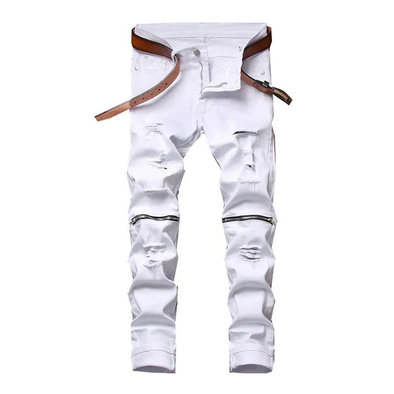 

Men Ripped Pleated Jeans Pants With Zipper White Slim Fit Denim Trousers For Male Streetwear Washed