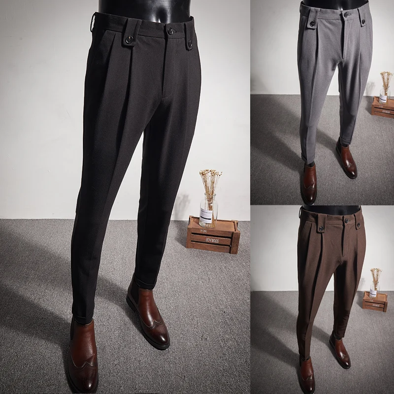 

2021 New Business Dress Pants Fashion Folds Casual Slim Fit Wedding Office Social Suit Pants Streetwear Trousers Costume Homme