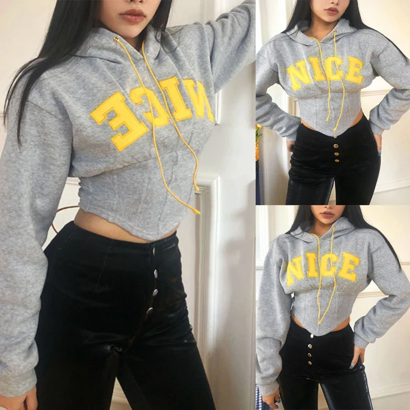 

Letter Embroidered Waist Long Sleeve Hoodie O-Neck Hoodie Warm Winter Fashion Hoodie Women Gray