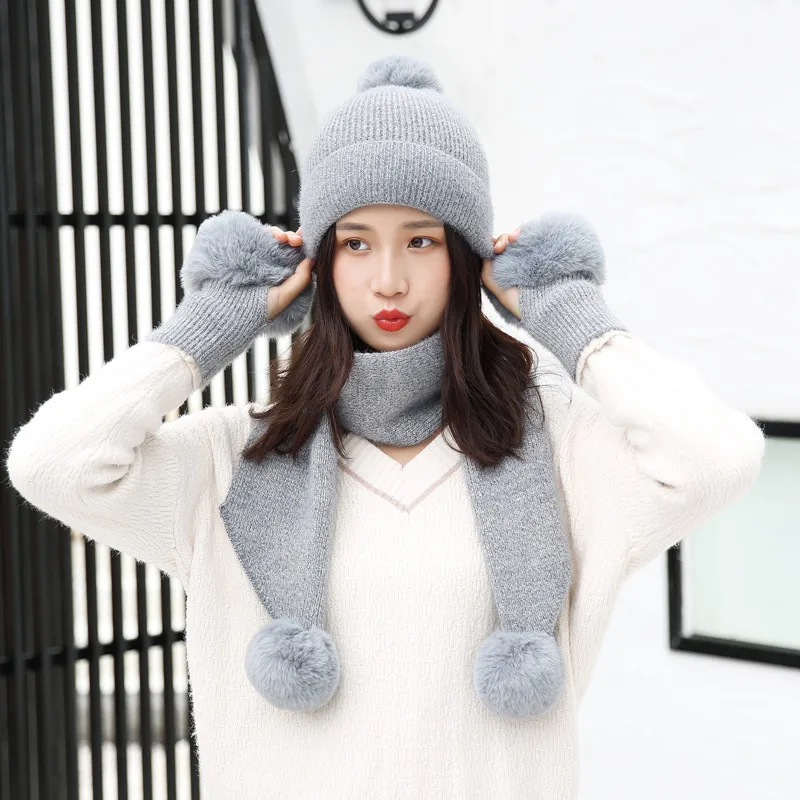 Winter Knitted Wool Hat Scarf Gloves Set Warm Three sets Women Men Plus velvet thickening women ball caps scarf girls