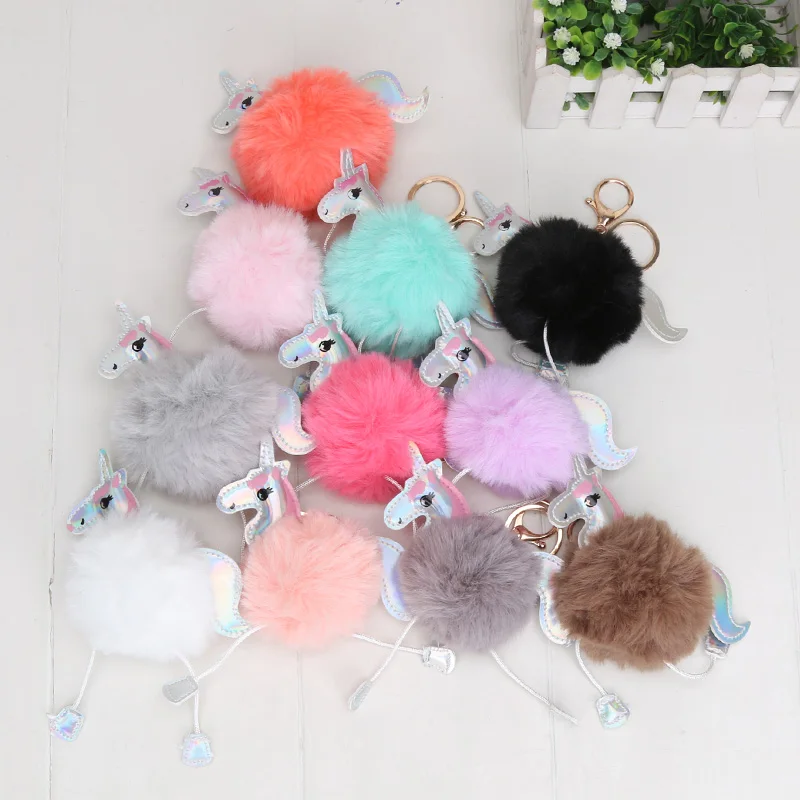 Брелок с единорогом искусственные помпоны из кроличьего меха цепочка для ключей