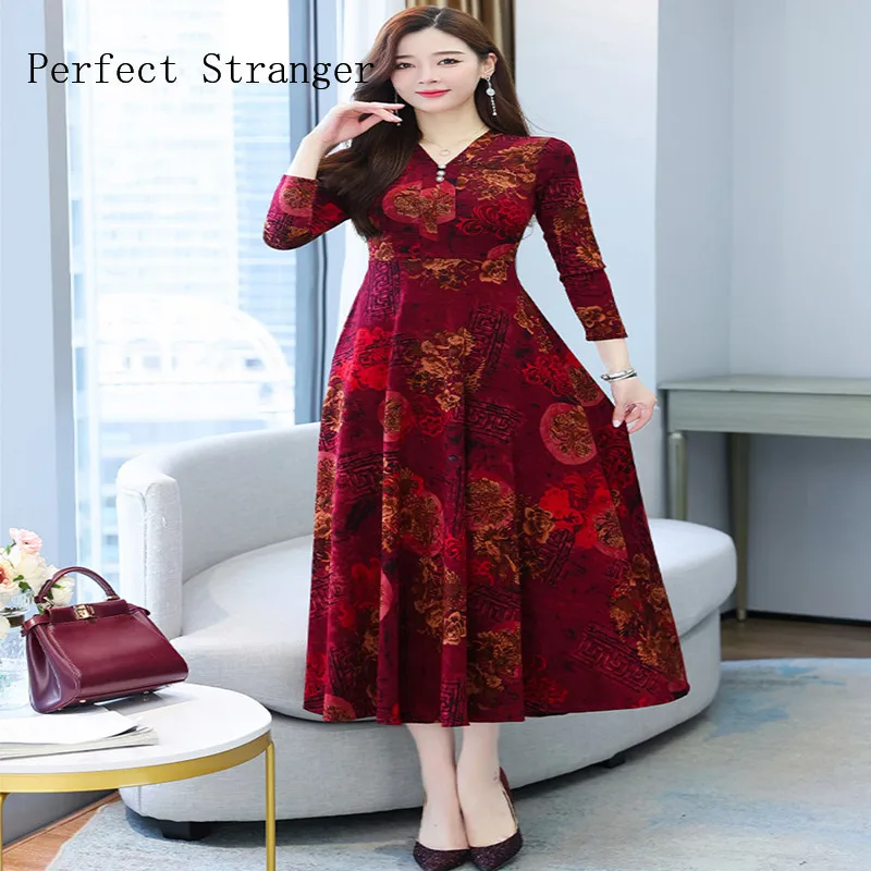 

Autumn Winter New Arrival Women Dresses For 2021 Elegant V Collar Floral Print Long Sleeve Knitting Cotton Female Clothes