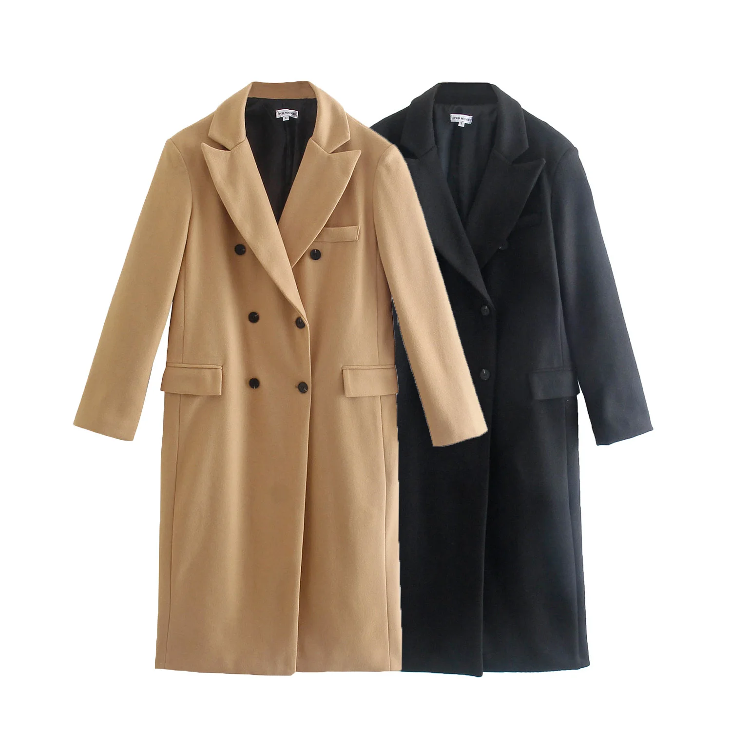 

Women Autumn Fashion Double-breasted Straight Woolen Jacket Coat Vintage Long Sleeve Side Pockets Female Long Outerwear