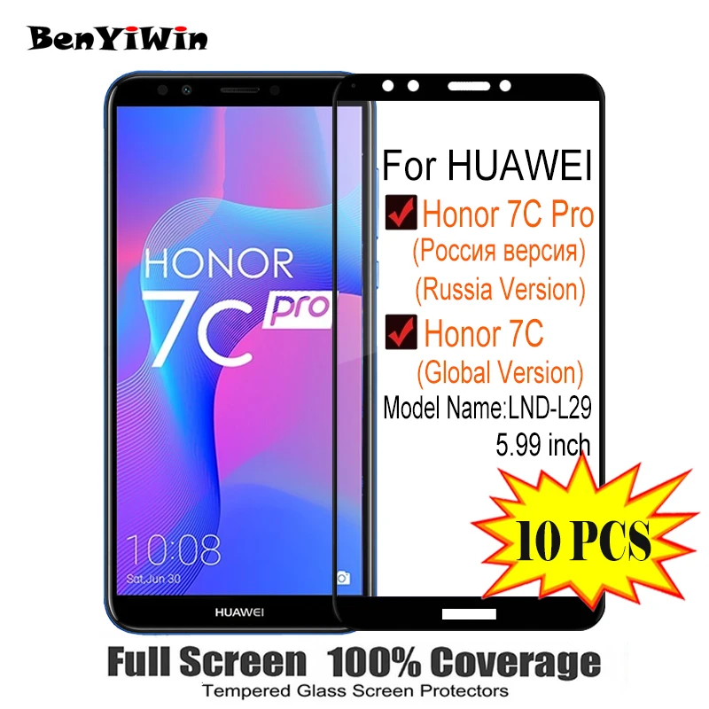 10 шт. защита для экрана закаленное стекло 100% полное покрытие HUAWEI Honor 7C Pro 9 H от