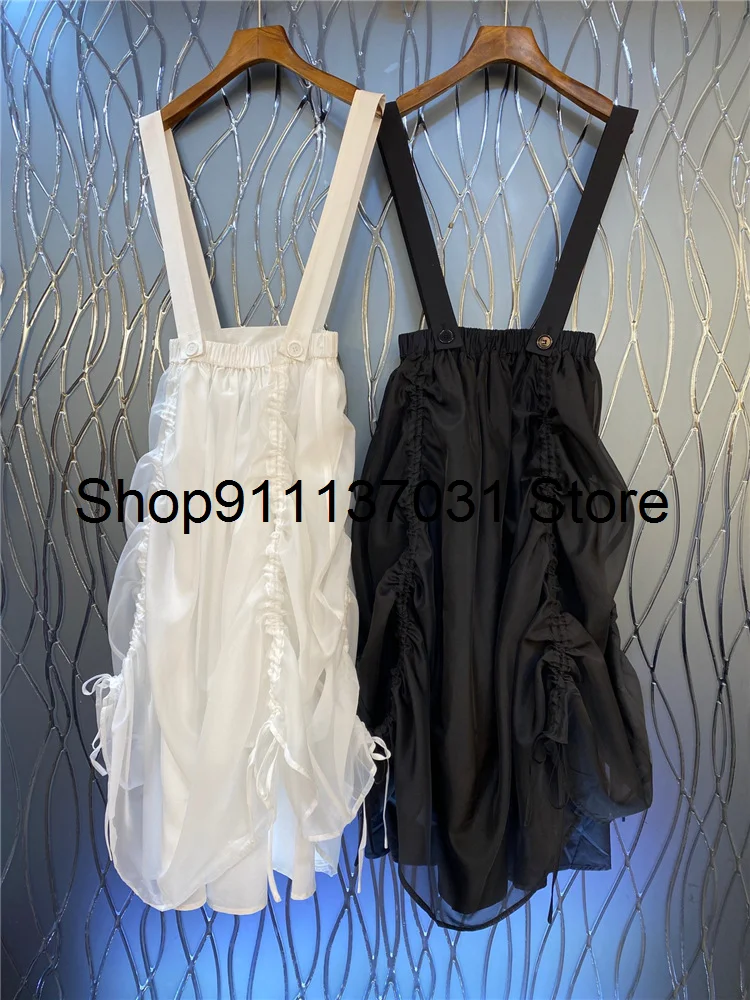 

2021 new fashion women Elastic-waist drawstring pleated irregular mesh skirt yj210207
