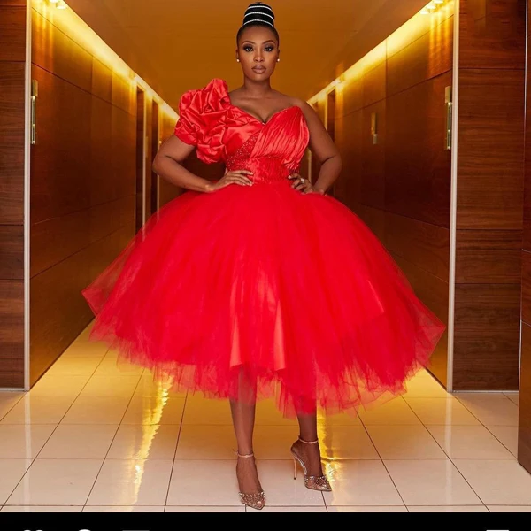 

A-line Mid Calf Tulle Aso Ebi Prom Gowns Bridal Red Wedding Party Dresses Puffy One Shoulder Satin South Africa Women Dress