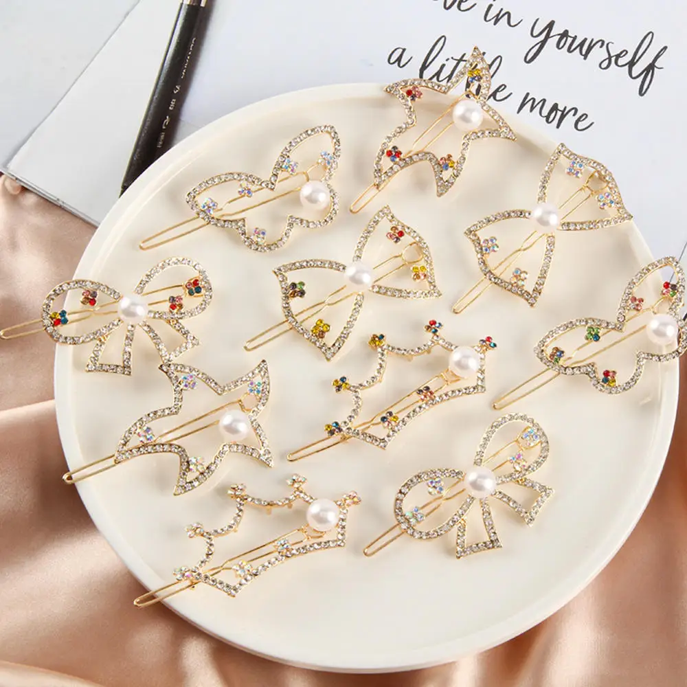 

Diamond Bowknot Crystal Rhinestones Alloy Hair Clips Sweet Bangs Side Clip Pearl Crown Frog Leaf Barrette Hair Accessories