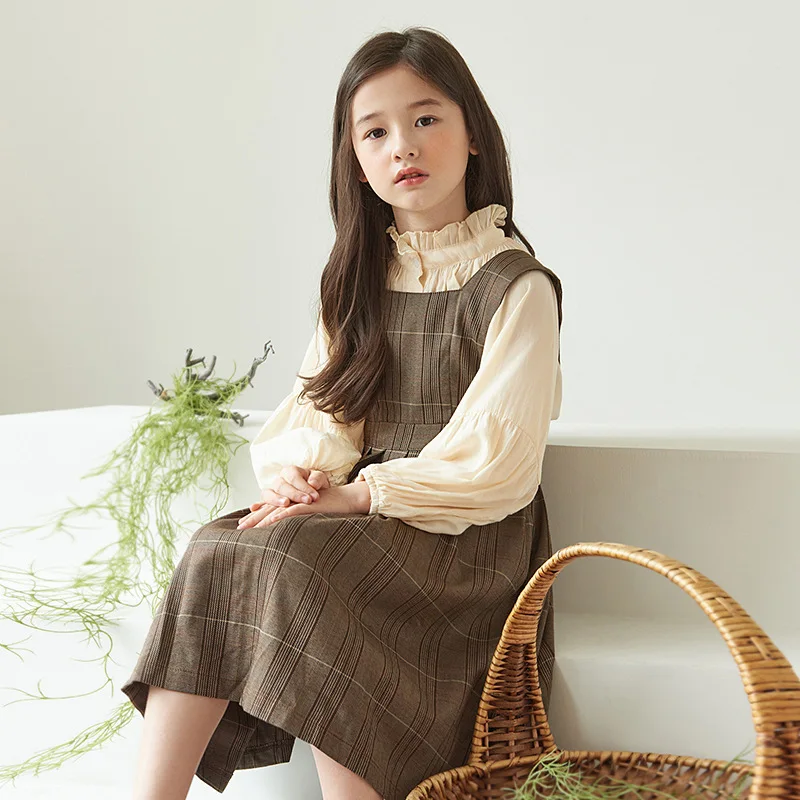 

4-14 Yrs Spring Girls Clothing Sets Teen Kids Outfits Vintage Lantern sleeve Blouse+Plaid Vest Dress 2Pcs Suit Big Child Clothes