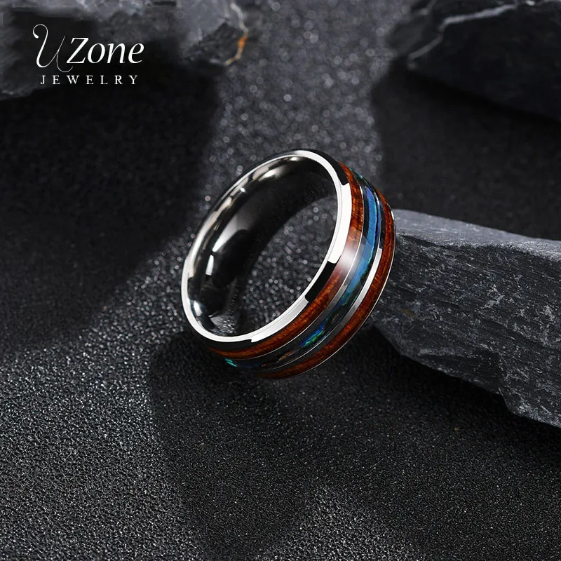 Uzone Новые 8 мм инкрустированные деревянные кольца из титановой стали
