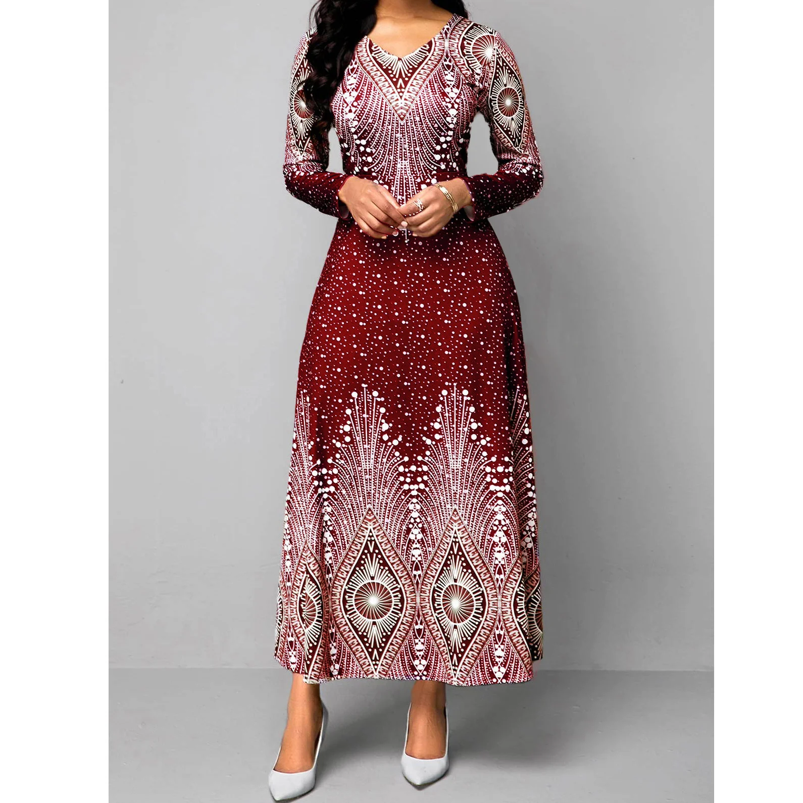 

V-neck printed long sleeve maxi dress for spring and autumn women