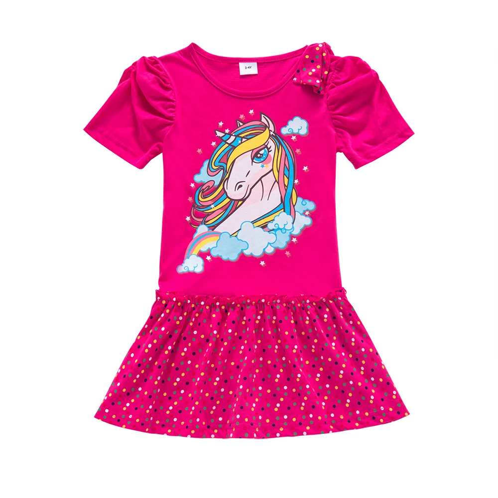 

Girls short-sleeved unicorn cartoon dress cotton new summer big children's polka dot print dress SH5308