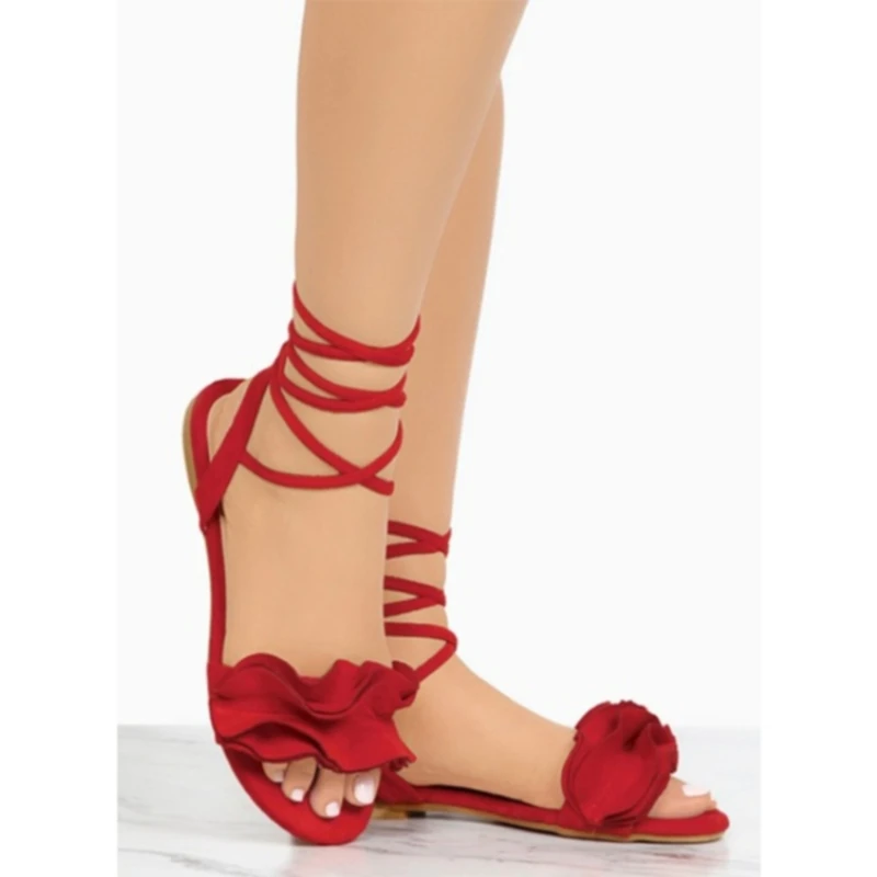 

Women Solid Color Ruffles Round Toe Flat Heel Cross Tied Sandals Rome Shoes Sandals Summer Casual Shoes