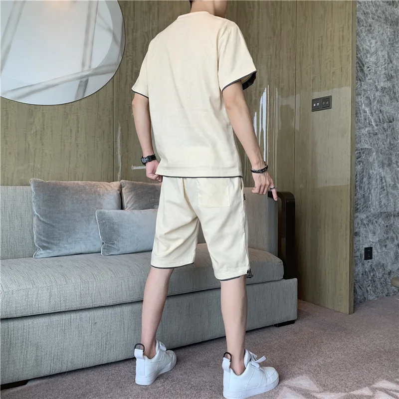 

Summer men's short-sleeved t-shirt cotton and linen loose a set of matching clothes handsome suit casual sports suit