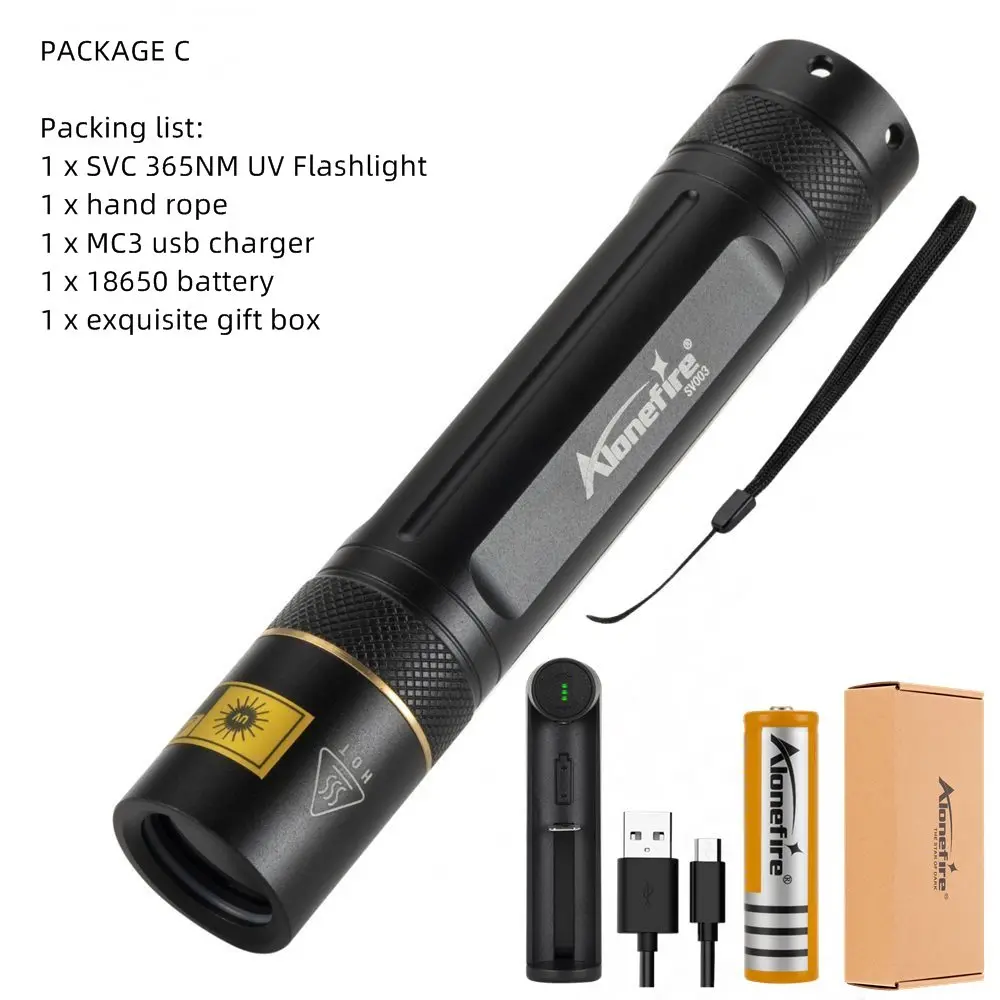 PACKAGE C AloneFire SV003 Светодиодный УФ фонарик 18650 Скорпион Ультрафиолетовый детектор денег для животных пятна охотничьи маркеры проверки - Испускаемый цвет: PACKAGE C