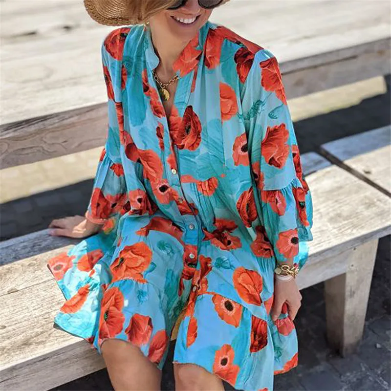 

Женское летнее Мини-Платье, шифоновые платья с цветочным принтом, на пуговицах, с коротким расширяющимся книзу рукавом, цветочное пляжное п...
