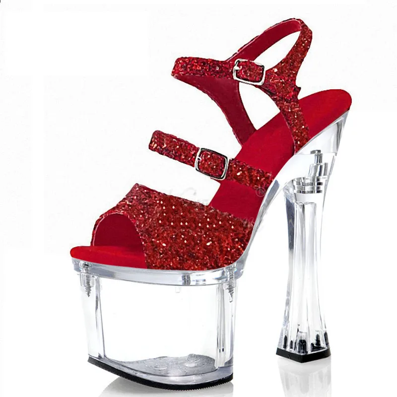 Sexy 18cm Super High heeled shoes Spool heels Clear Crystal Women's Sandals Bride shoes Nightclub Pole dancing Shoes