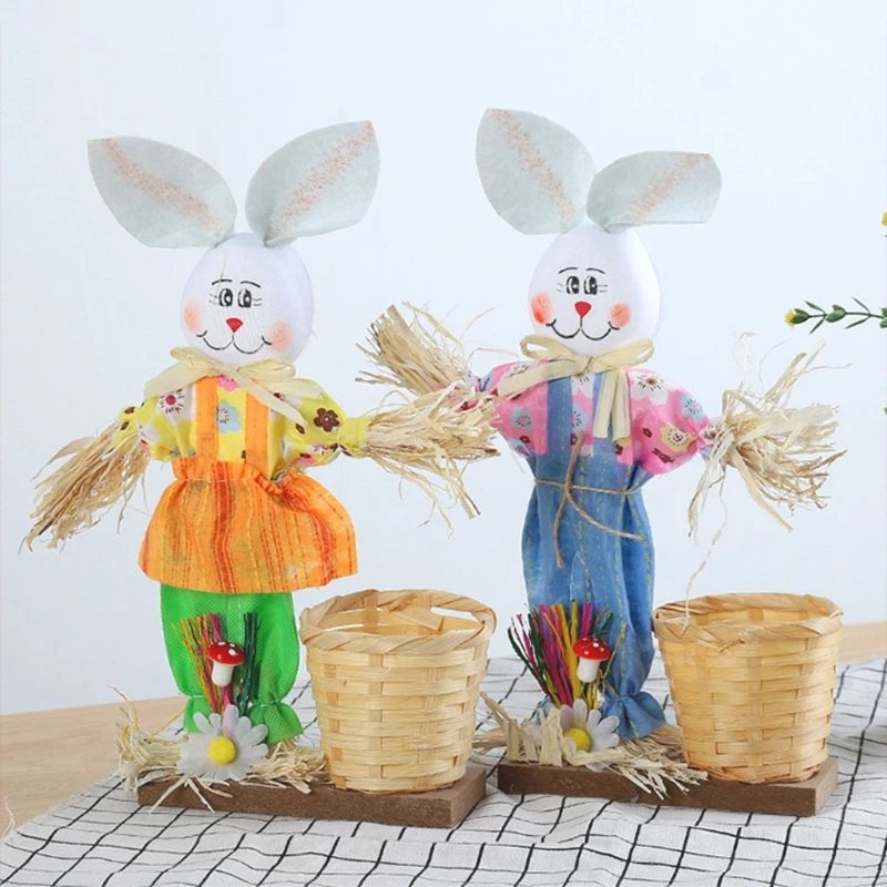 

Easter Straw Bunny Bamboo Basket Desktop Ornaments Cute Rabbit Candy Gift Box