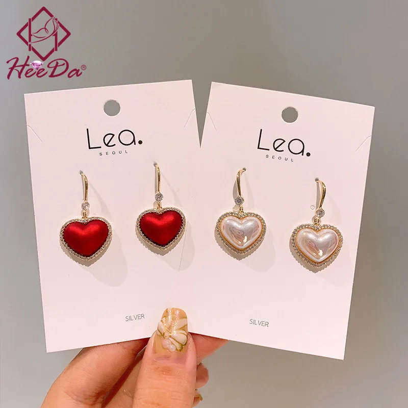 925 Silver Needle Graceful Heart Earrings for Women Korean Sweet Red Peal Ear Accessories 2020 New Elegant Girls Birthday Gifts