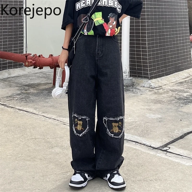 

Korejepo Chic Hong Kong Style Jeans Women's Spring Autumn 2021 New Streetwear Leisure Straight Tube Loose Wide Leg Pants Fashion