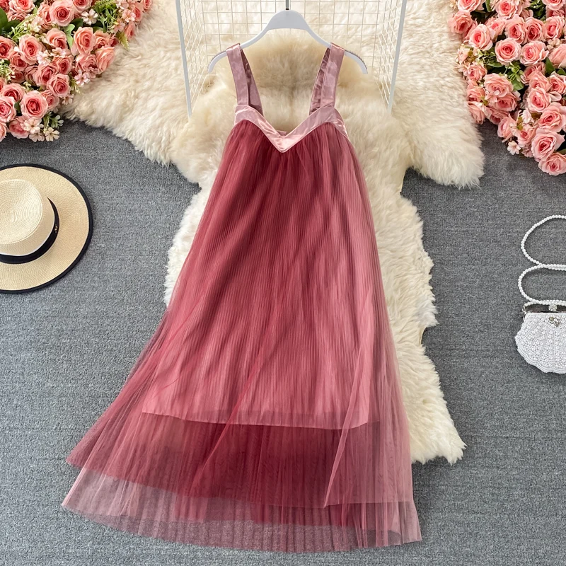

YIZZHOY New Summer Women Sexy Spaghetti Strap Strapless Lace Patchwork Midi Fairy Dress Casual Elegant Loose Mesh Beach Dress