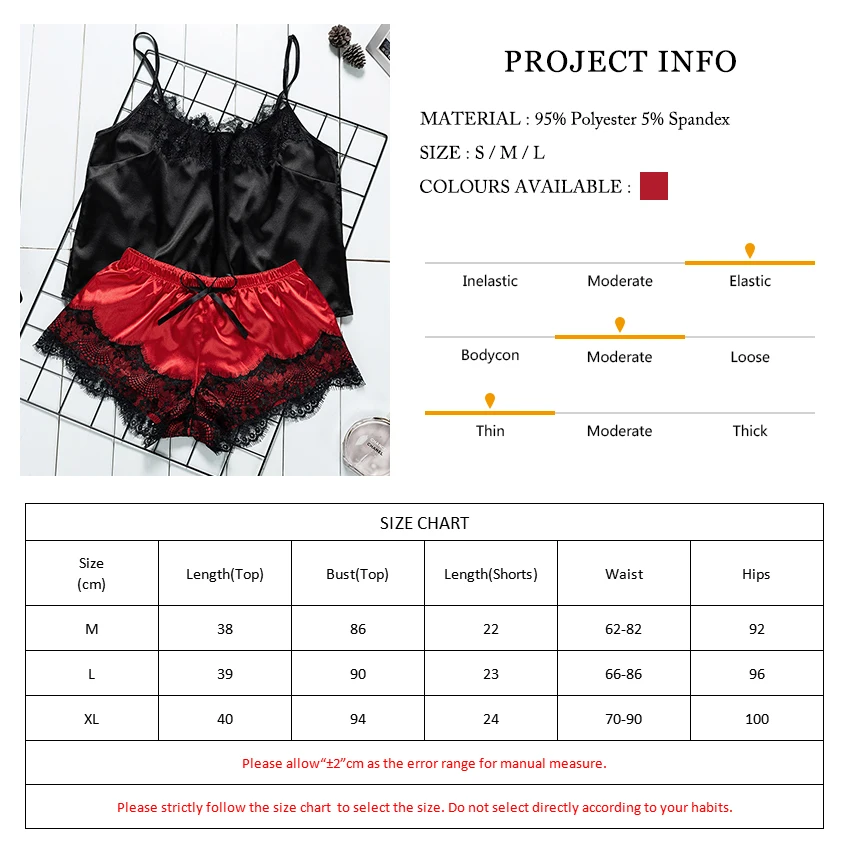 Suphis кружевной атласный черный топ на бретельках с красными шортами пижамный