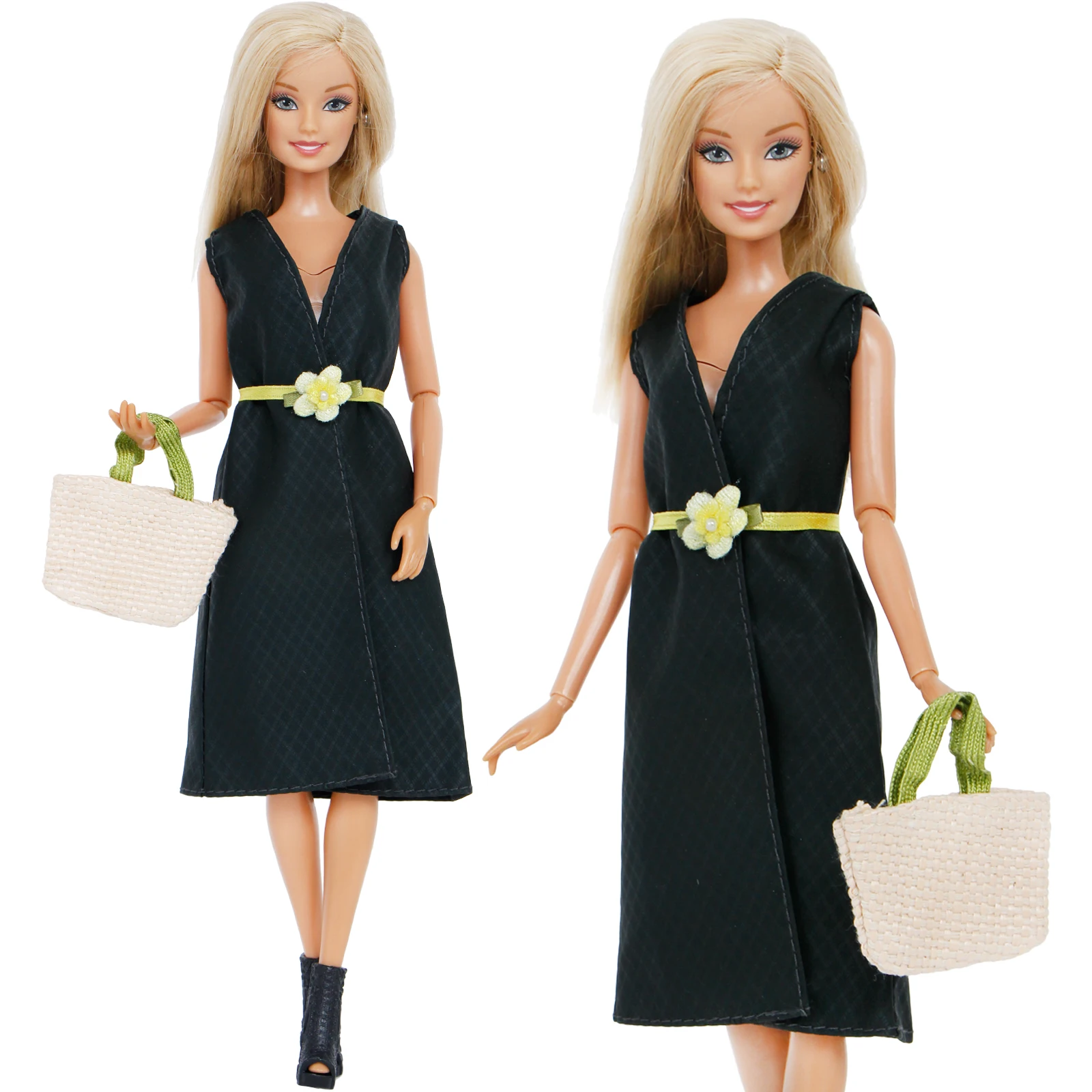 Модное черное платье + пояс с цветком черная обувь на высоком каблуке мини-сумка