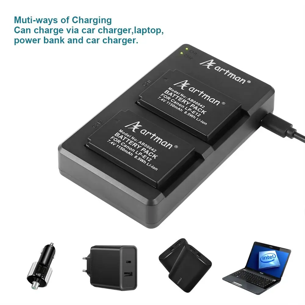 Artman 2 Pack LP E12 запасные батареи и зарядное устройство с двумя микро USB|Цифровые