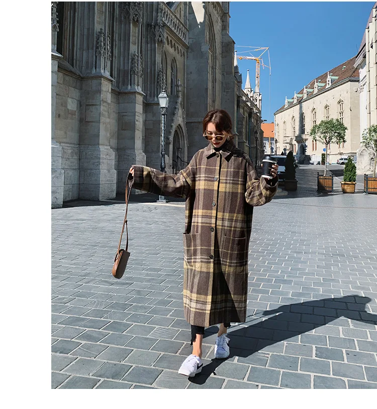 Шерстяное клетчатое пальто для фотосессии, женское, средней длины, зима, стиль, корейский стиль, модное, элегантное, свободное, Дафлкот, модное пальто