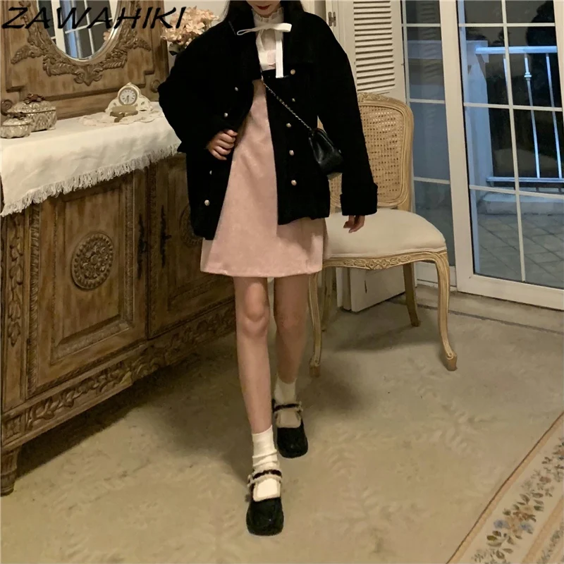 

ZAWAHIKI French Vintage Fake Two Piece Black Dress Autumn New Temperament Slim Femme Robe Lantern Sleeve Stand Collar Dresses