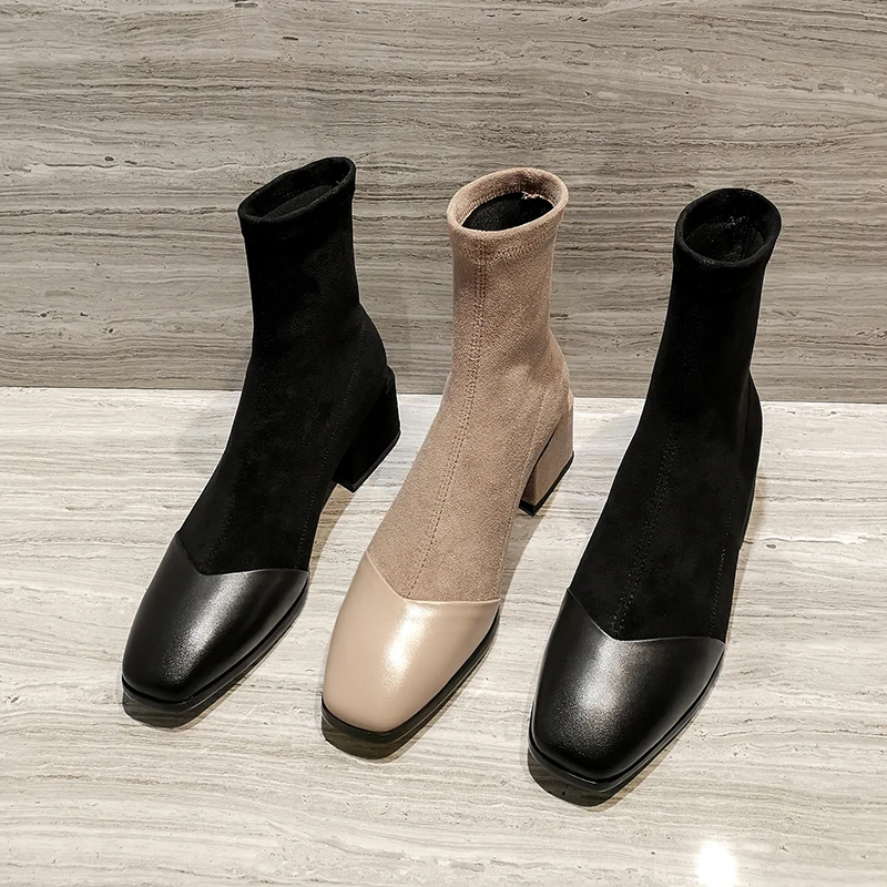 Женские ботильоны из бычьей кожи на высоком каблуке с квадратным носком|Женские