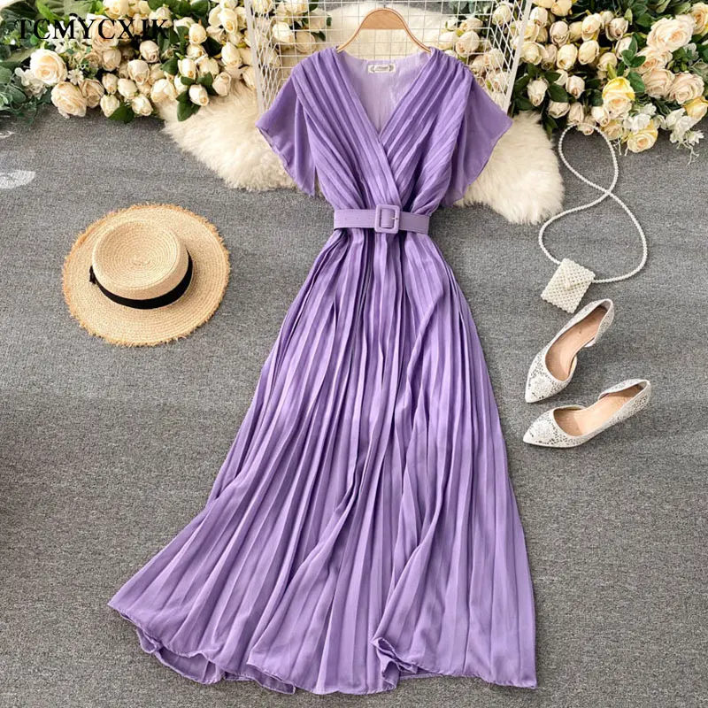 Summer Vacation Chiffon Dresses For Women 2022 Pleated Long Dress Solid Color Temperament V-neck Maxi Bohemia Dress Robe Femme