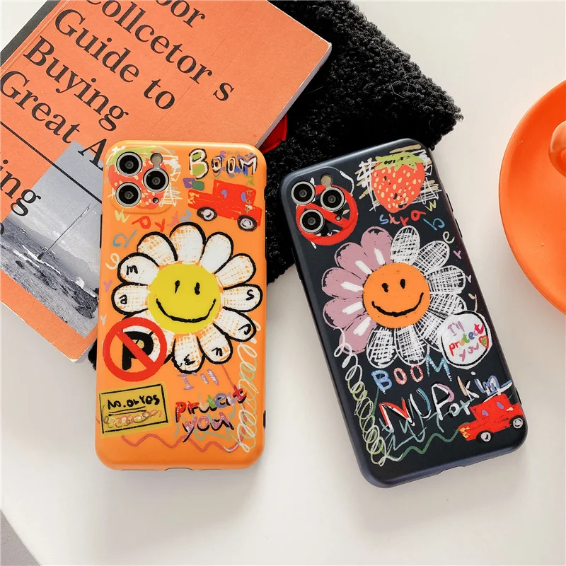 Fashion Graffiti Sun Flower Soft Phone Case for iPhone 11 Pro Max 7 8 plus X XR XS Back Cover Luxury Cute Silicone | Мобильные