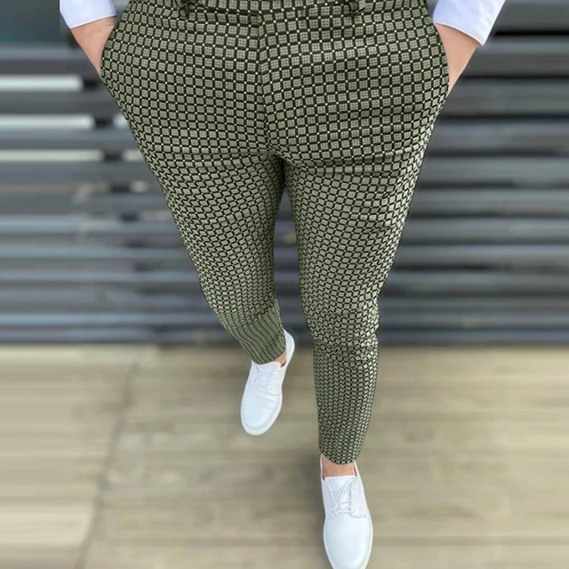 Брюки мужские повседневные облегающие модные клетчатые длинные штаны с принтом