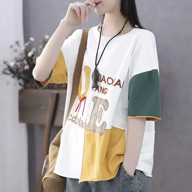 

2021 summer new short-sleeved women loose large size casual five-point sleeve letter pullover round neck top t shirt for women