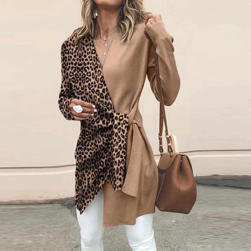 

Autumn Women Elegant Patchwork Leopard Print Jacket Casual V Neck Lace Up Slim Fit Suit Coat Office Ladies Plus Size 3xl Coats